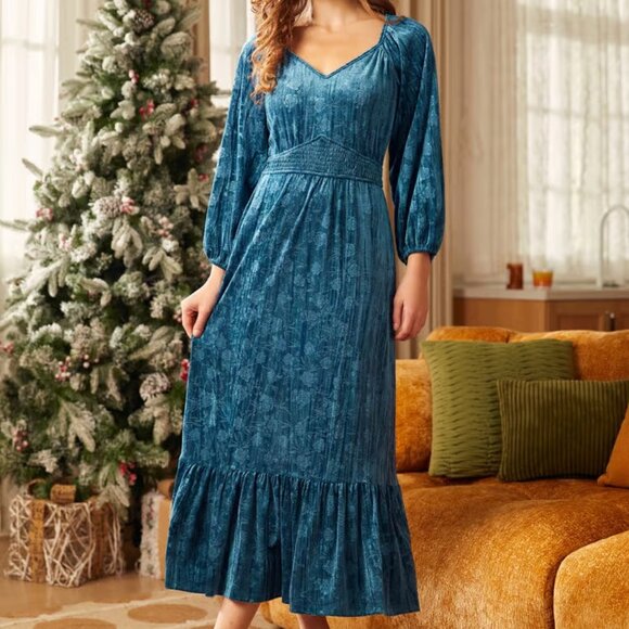 NWT Modcloth stunning teal velvet floral midi dress "Such a Love" - Picture 1 of 9